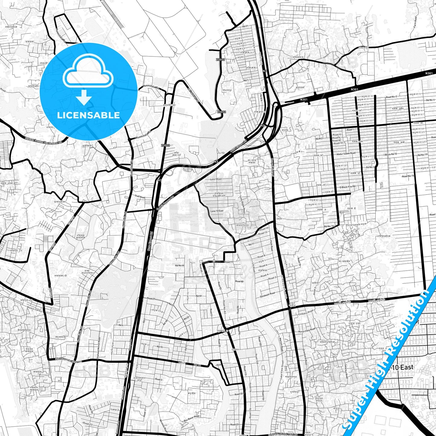 Dhaka, Bangladesh Light Map with Street Names, City Names, and Districts