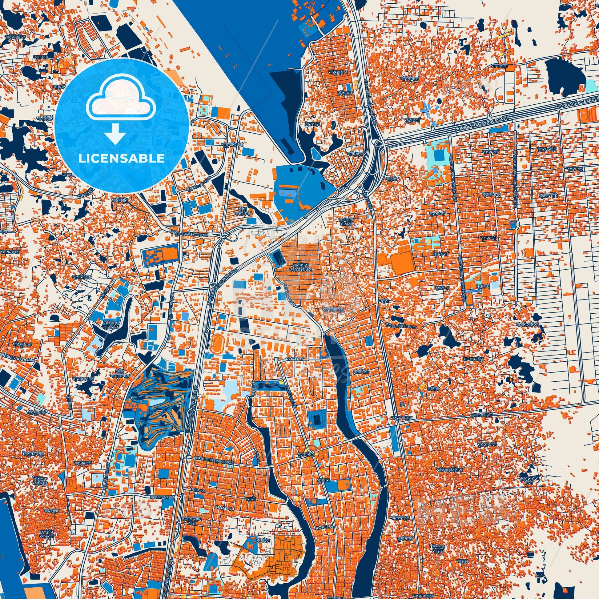 Colorful Dhaka Street Map with Labels and Buildings