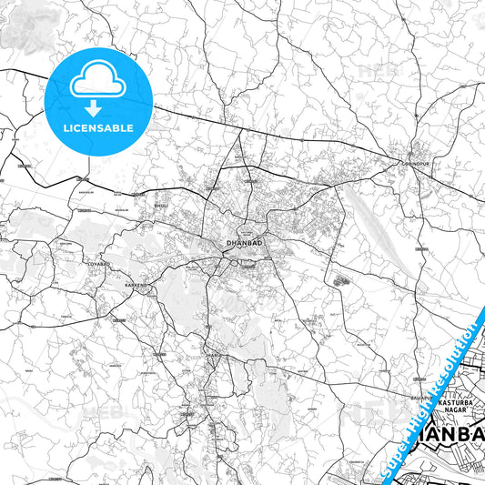 Dhanbad, India light map with streetnames, citynames and districts