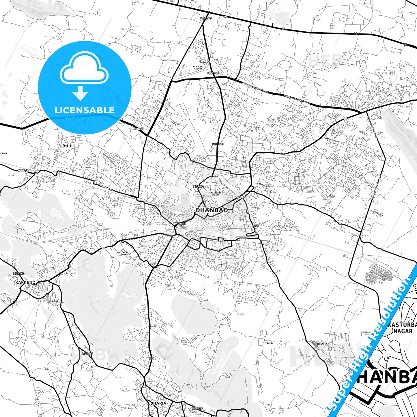 Dhanbad, India Light Map with Street Names, City Names, and Districts