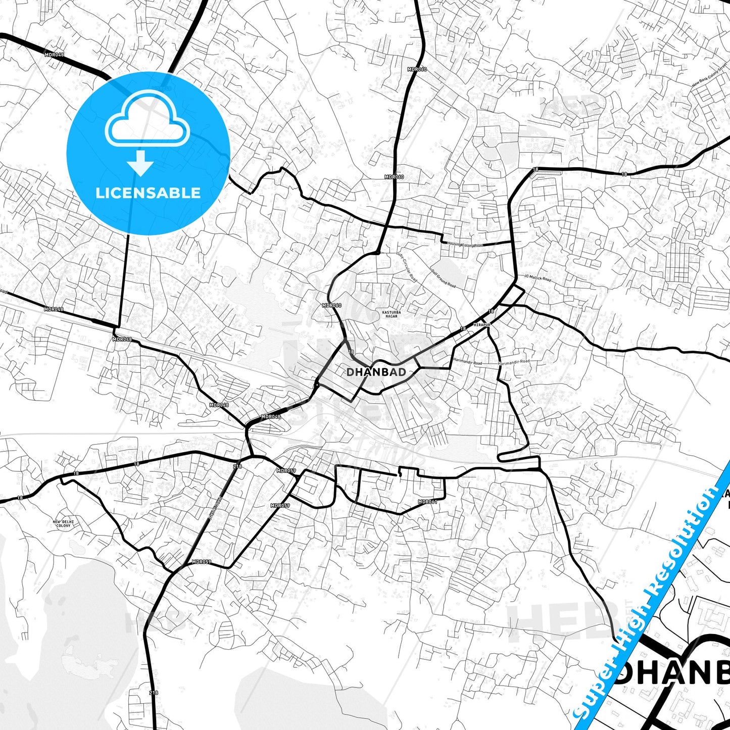 Dhanbad, India Light Map with Street Names, City Names, and Districts