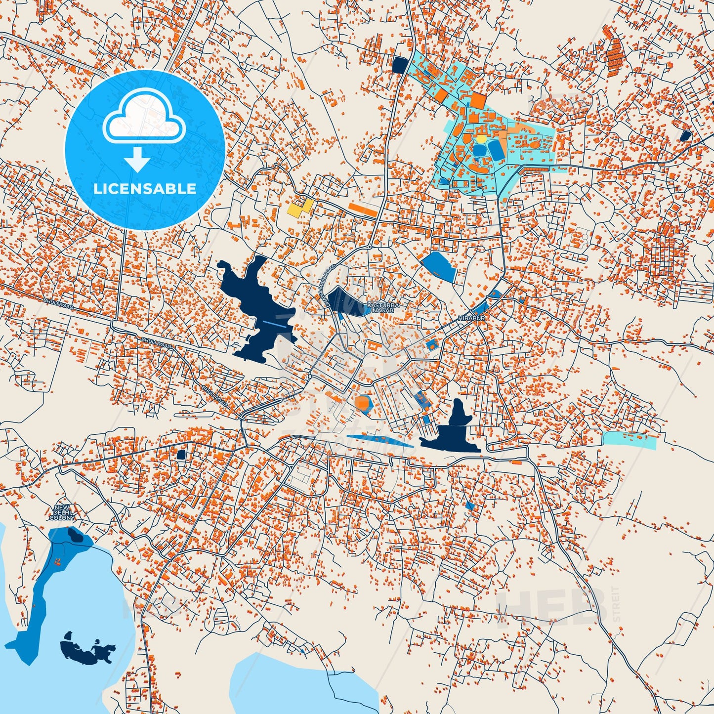 Colorful Dhanbad Street Map with Labels and Buildings