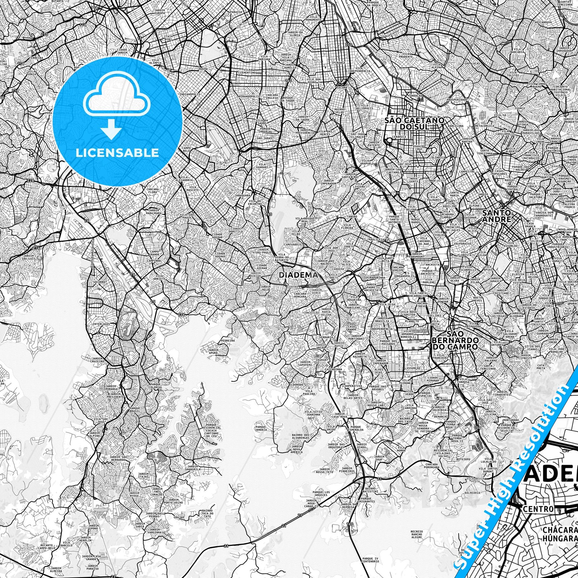 Diadema, Brazil light map with streetnames, citynames and districts