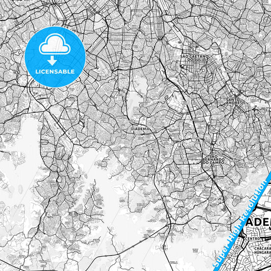 Diadema, Brazil light map with streetnames, citynames and districts