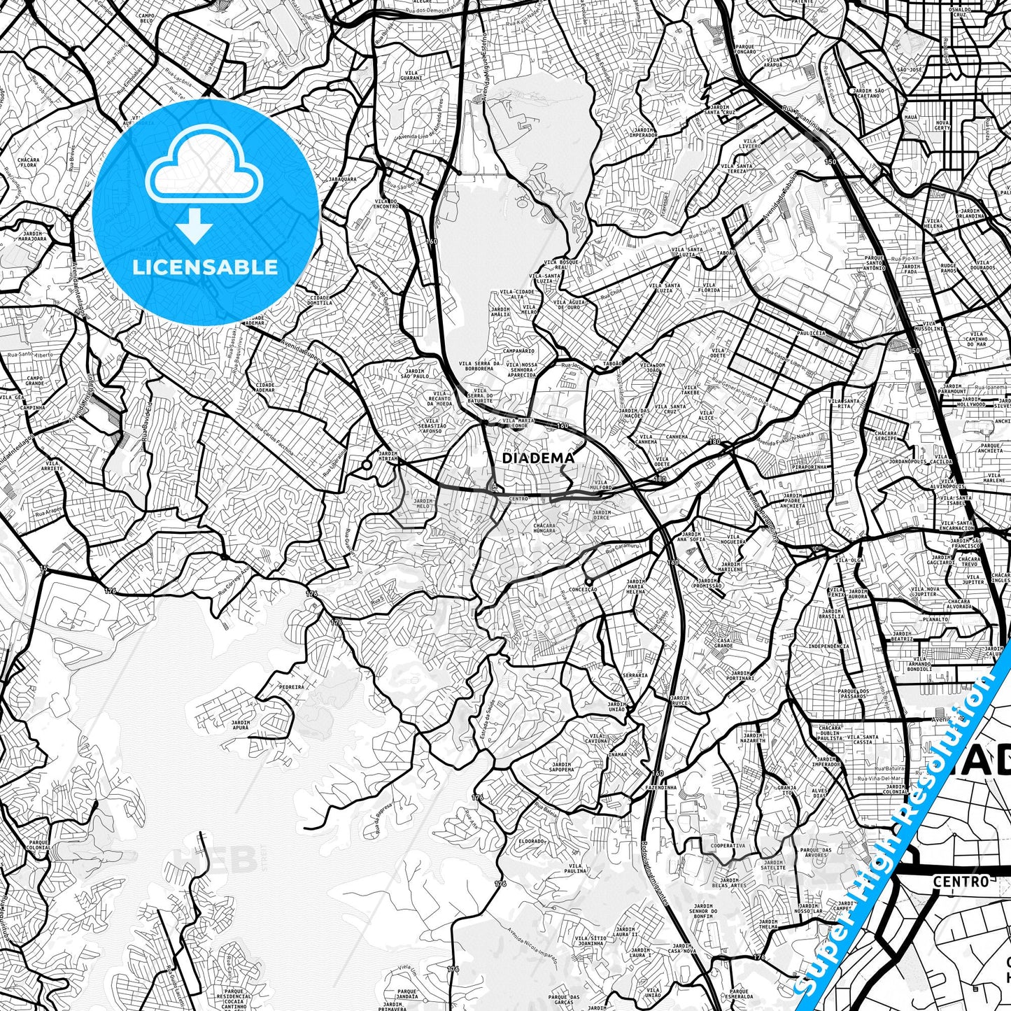 Diadema, Brazil Light Map with Street Names, City Names, and Districts