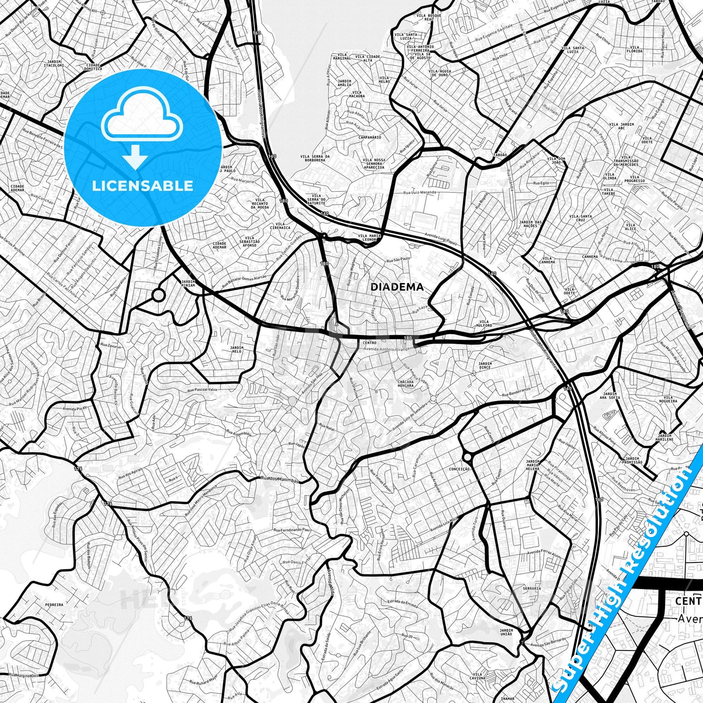 Diadema, Brazil Light Map with Street Names, City Names, and Districts