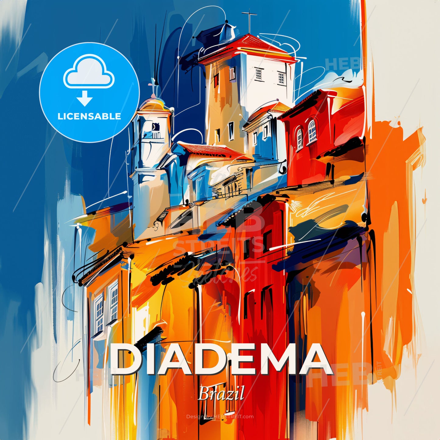 Vibrant Diadema, Brazil - A Painting Of Buildings On A Blue And White Background - Square format print template