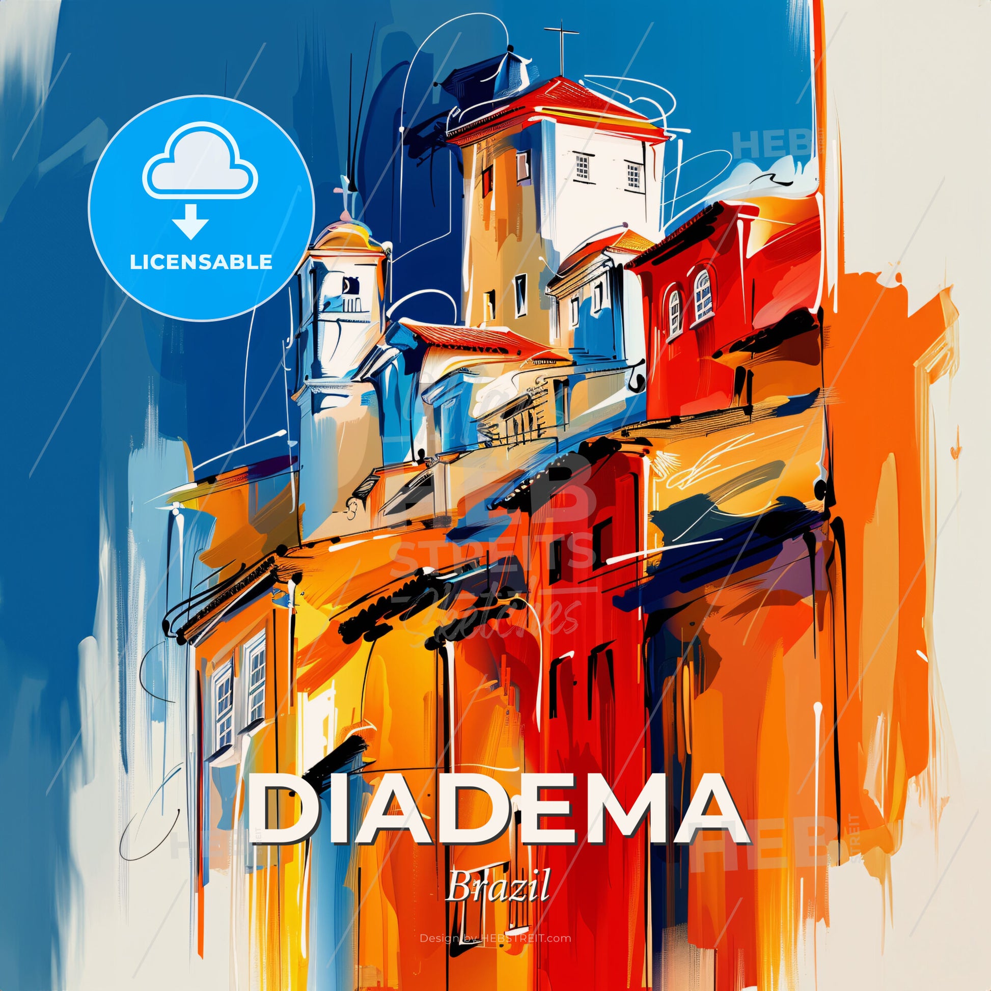 Vibrant Diadema, Brazil - A Painting Of Buildings On A Blue And White Background - Square format print template