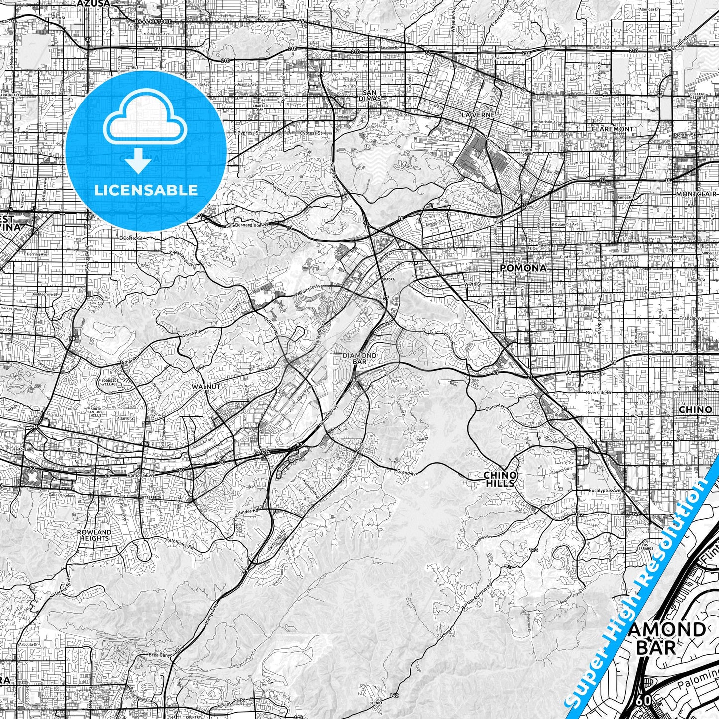 Diamond Bar, California light map with streetnames, citynames and districts