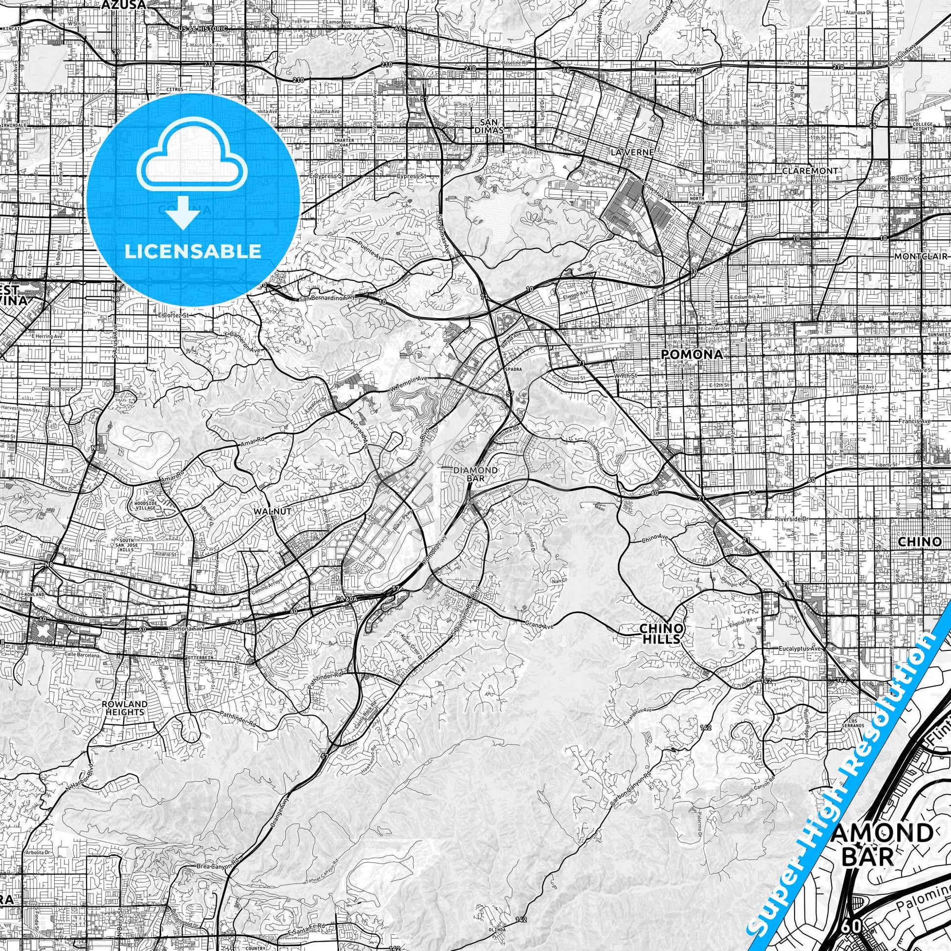 Diamond Bar, California light map with streetnames, citynames and districts