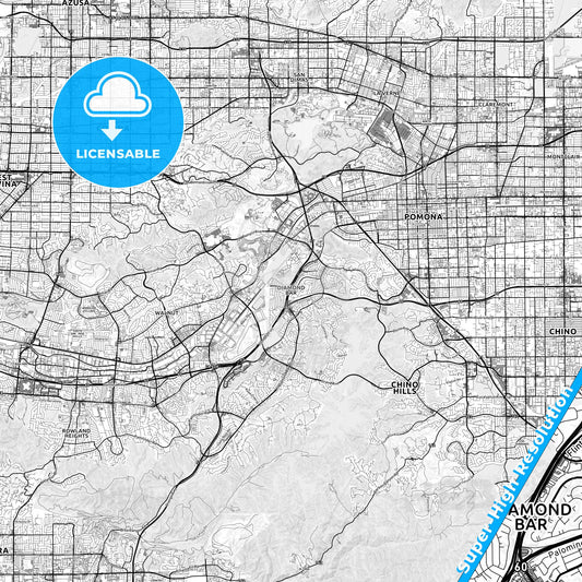Diamond Bar, California light map with streetnames, citynames and districts