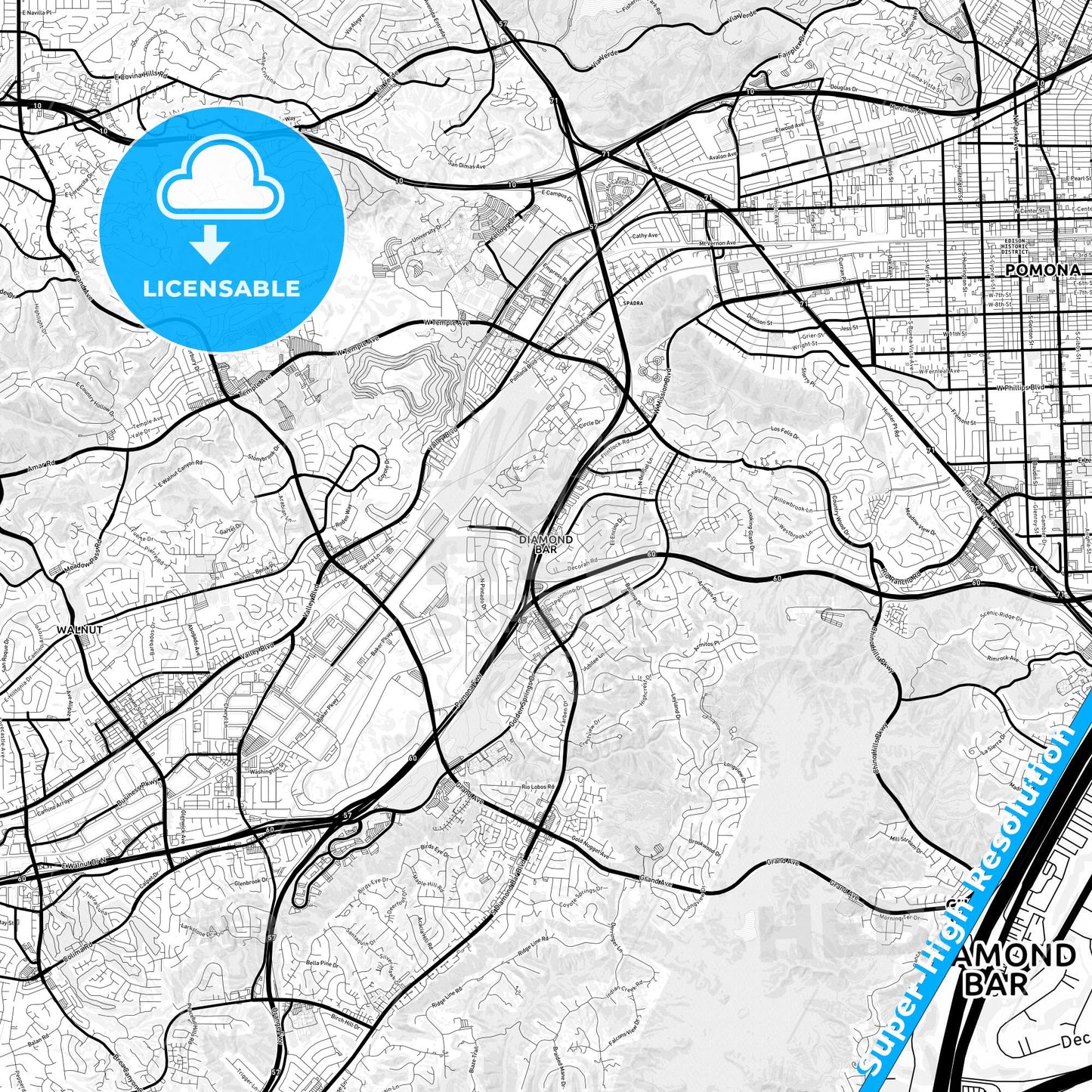 Diamond Bar, California Light Map with Street Names, City Names, and Districts