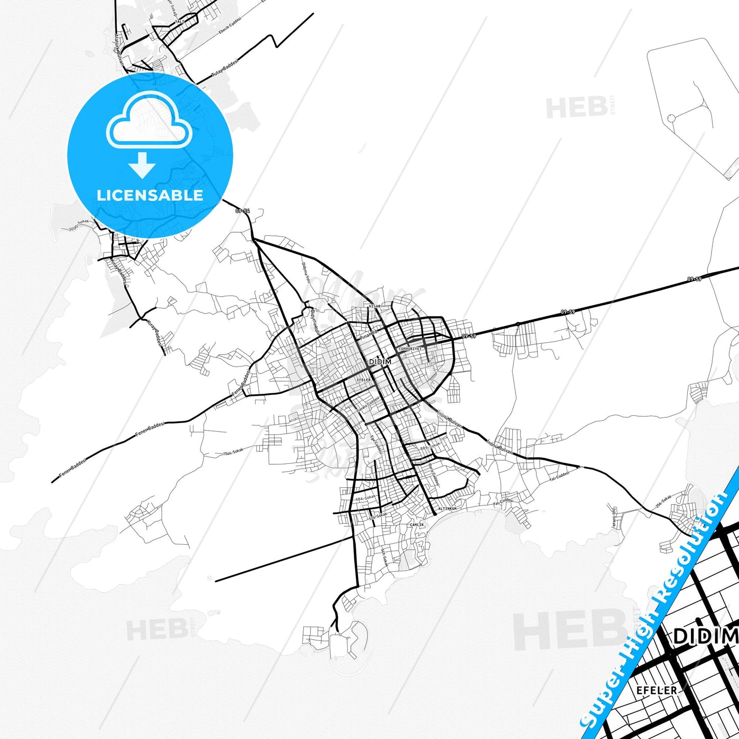 Didim, Turkey Light Map with Street Names, City Names, and Districts