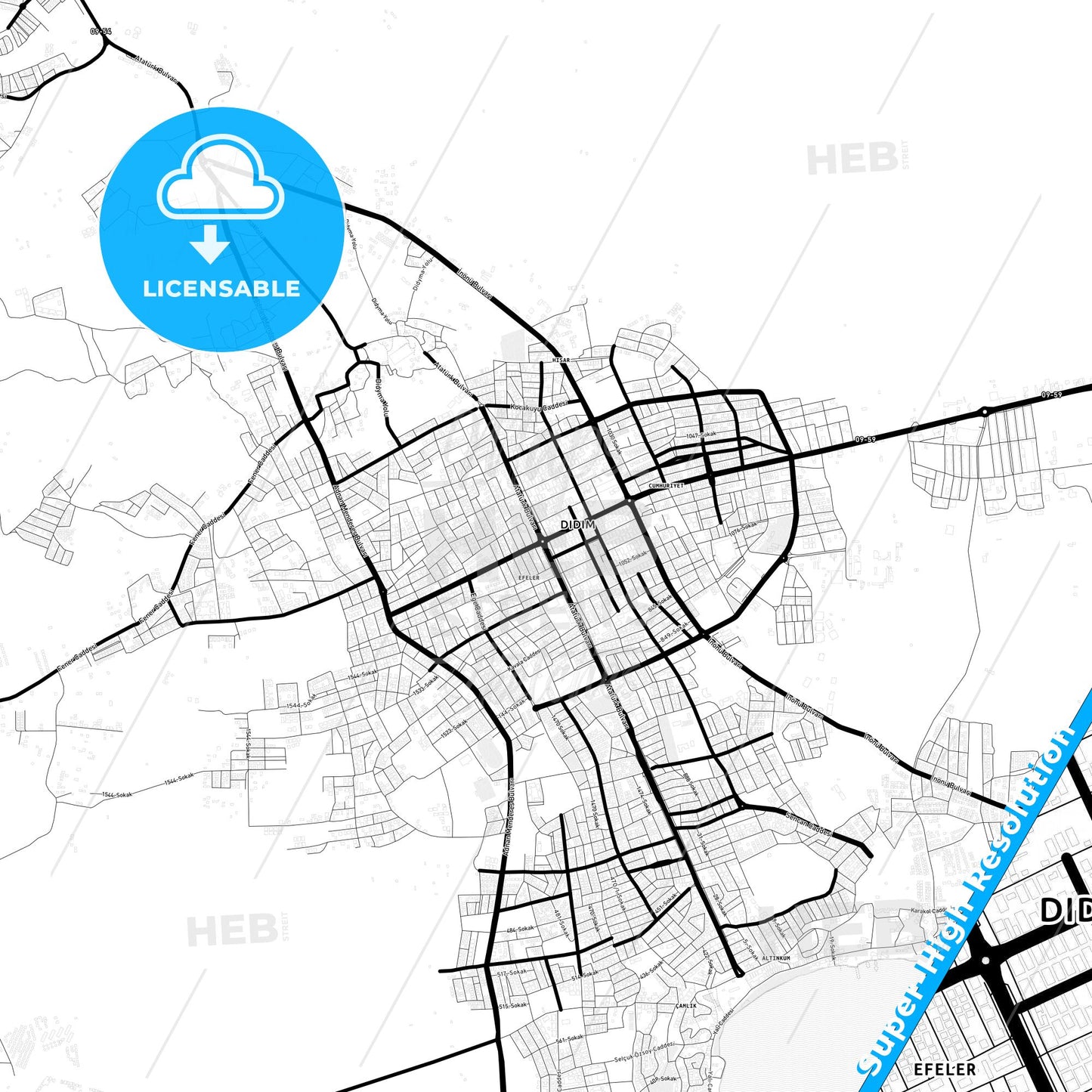 Didim, Turkey Light Map with Street Names, City Names, and Districts