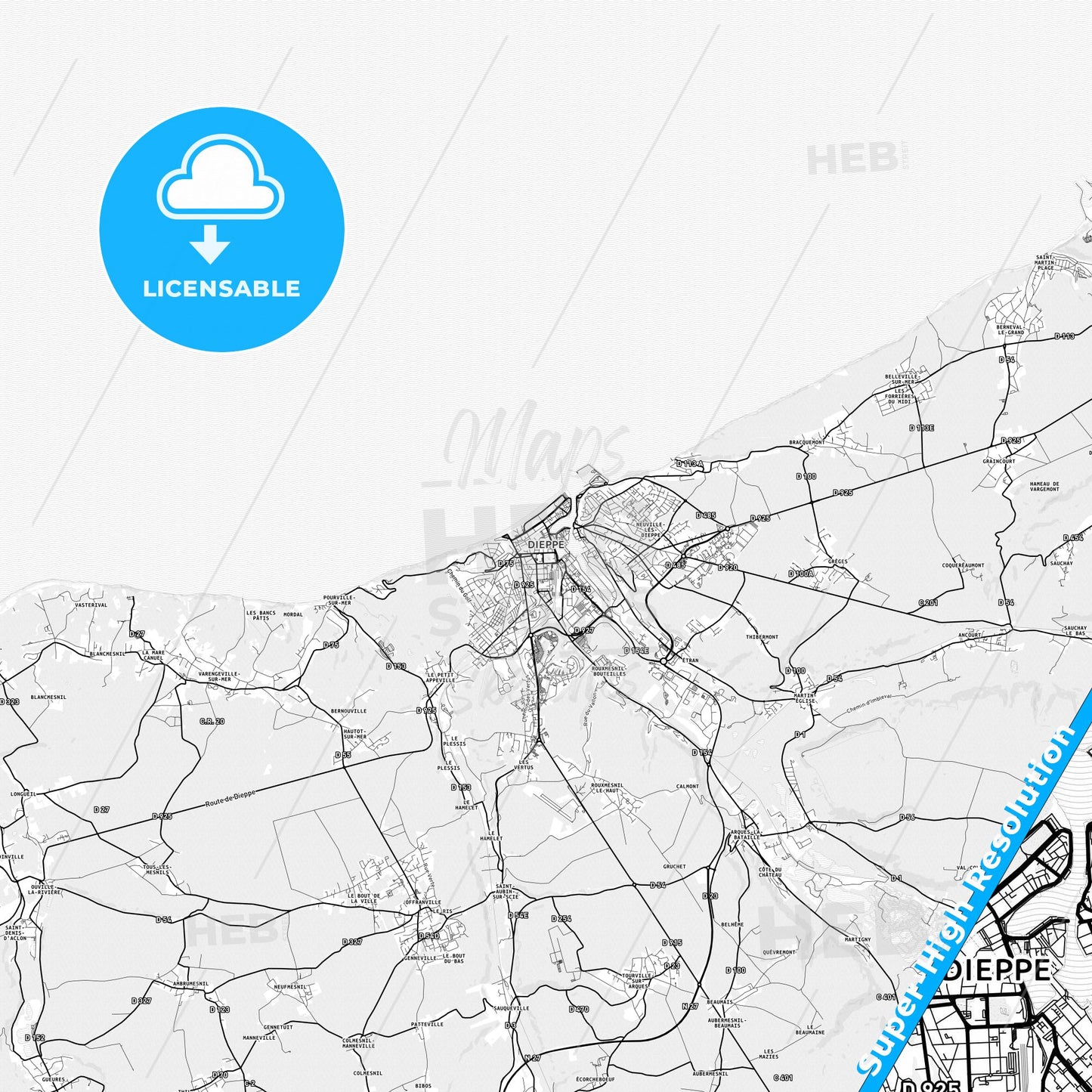 Dieppe, France light map with streetnames, citynames and districts