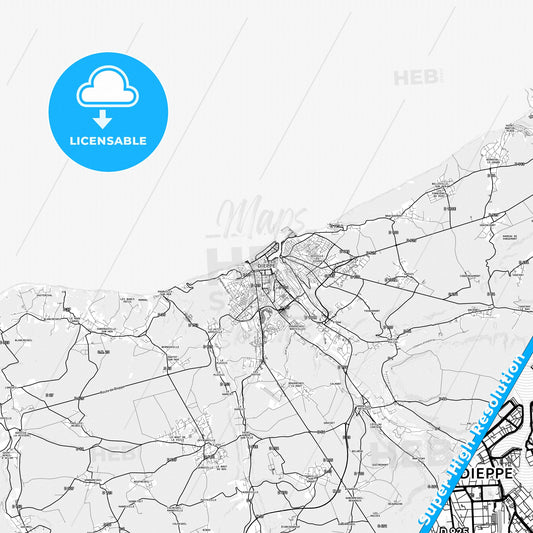 Dieppe, France light map with streetnames, citynames and districts
