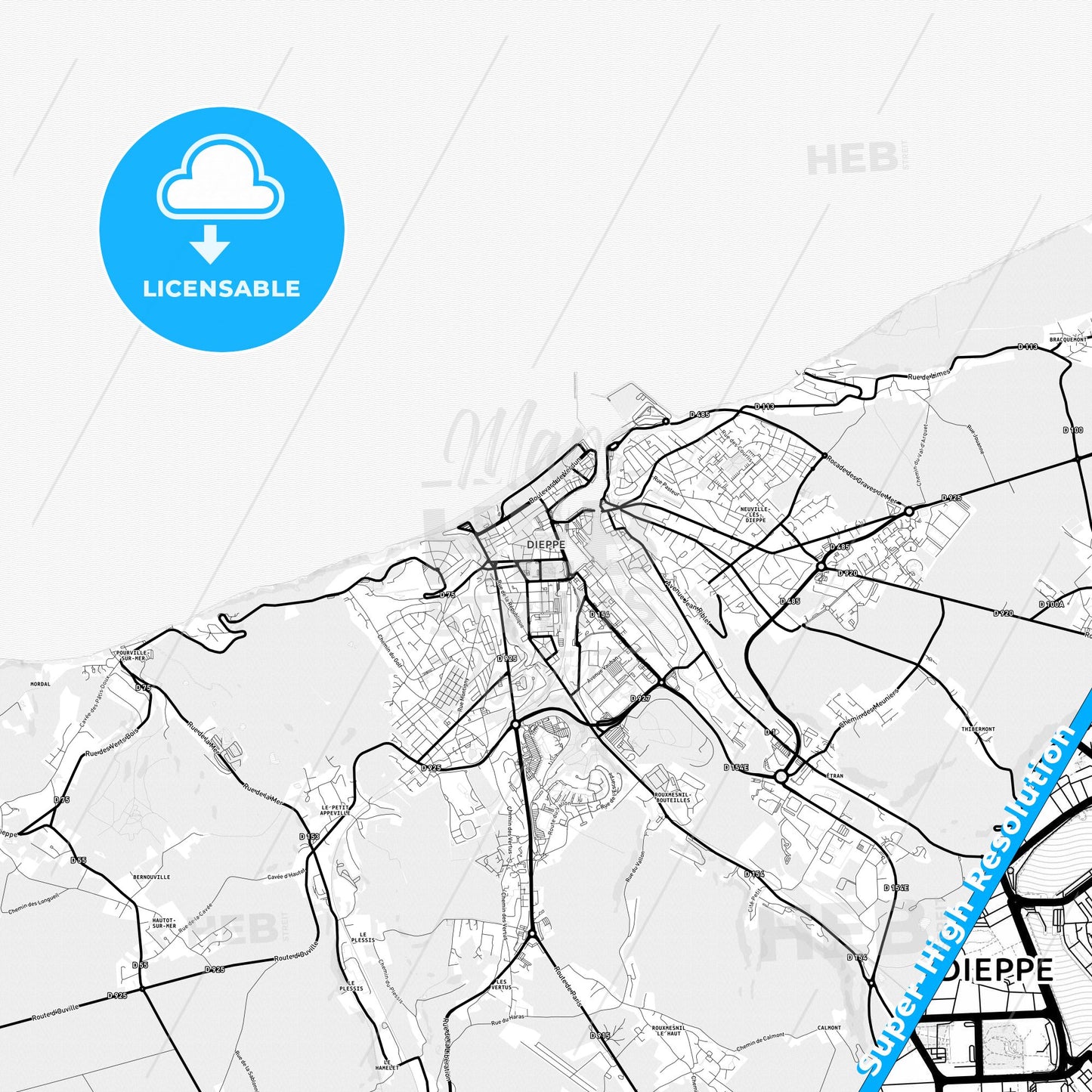 Dieppe, France Light Map with Street Names, City Names, and Districts