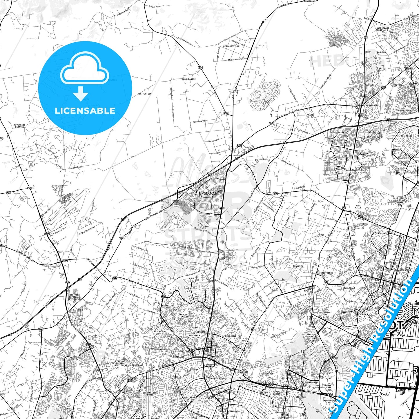 Diepsloot, South Africa light map with streetnames, citynames and districts