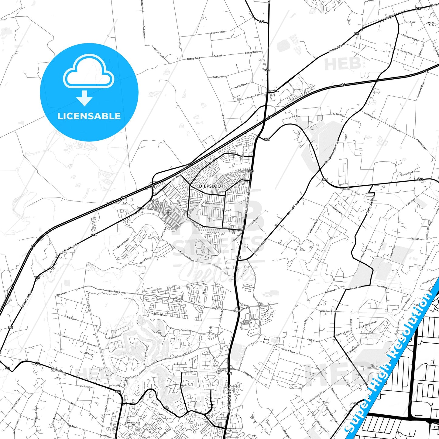 Diepsloot, South Africa Light Map with Street Names, City Names, and Districts