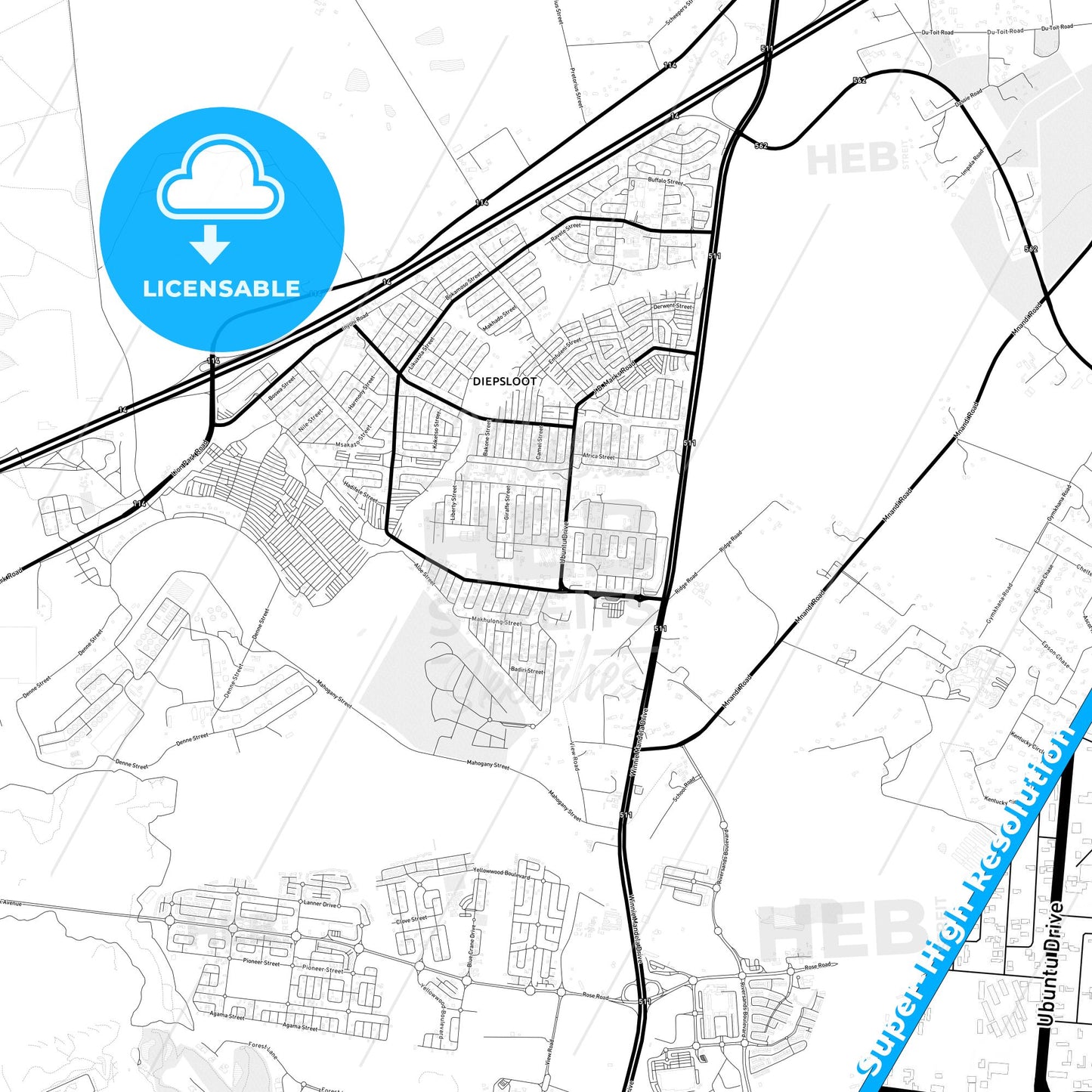 Diepsloot, South Africa Light Map with Street Names, City Names, and Districts