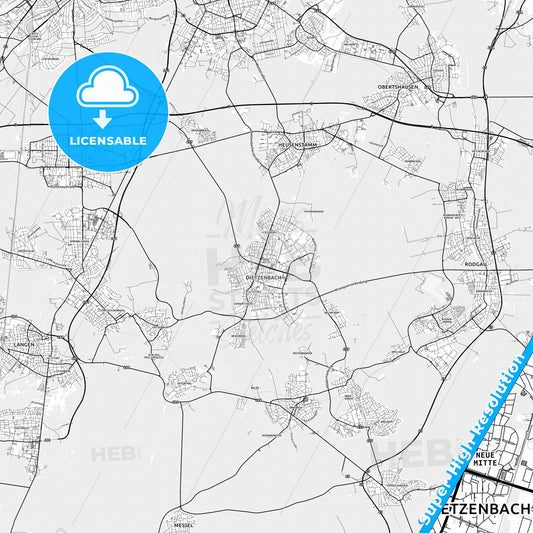 Dietzenbach, Germany light map with streetnames, citynames and districts