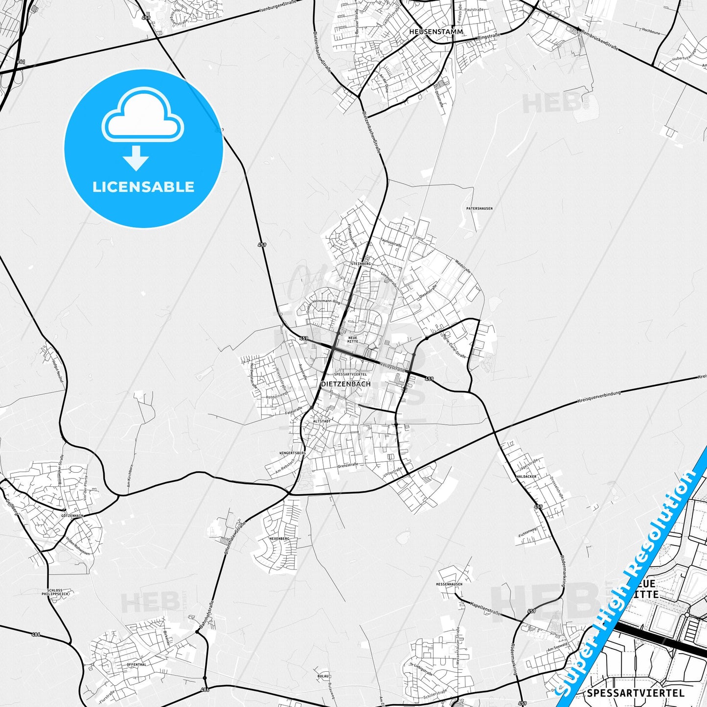 Dietzenbach, Germany Light Map with Street Names, City Names, and Districts