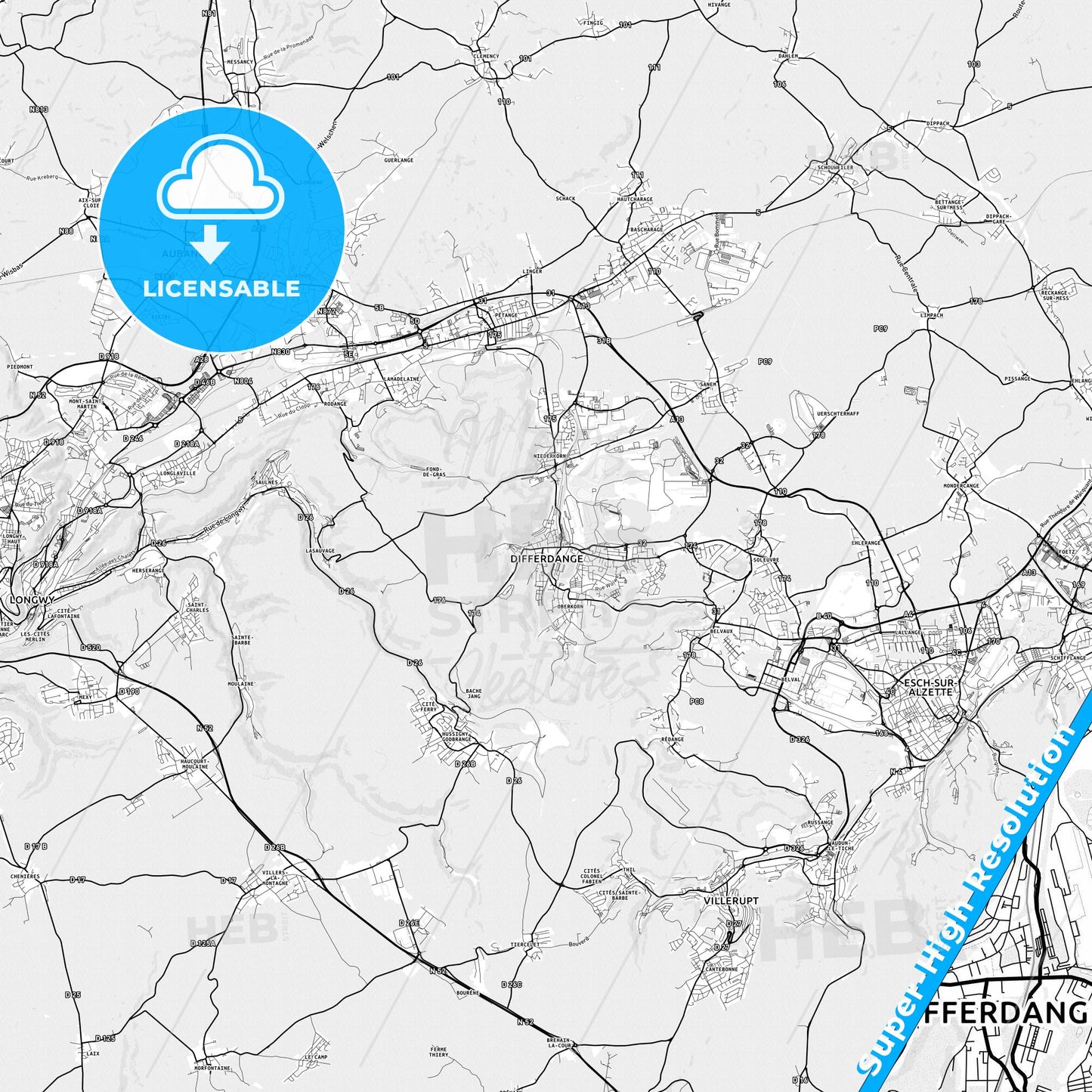 Differdange, Luxembourg light map with streetnames, citynames and districts