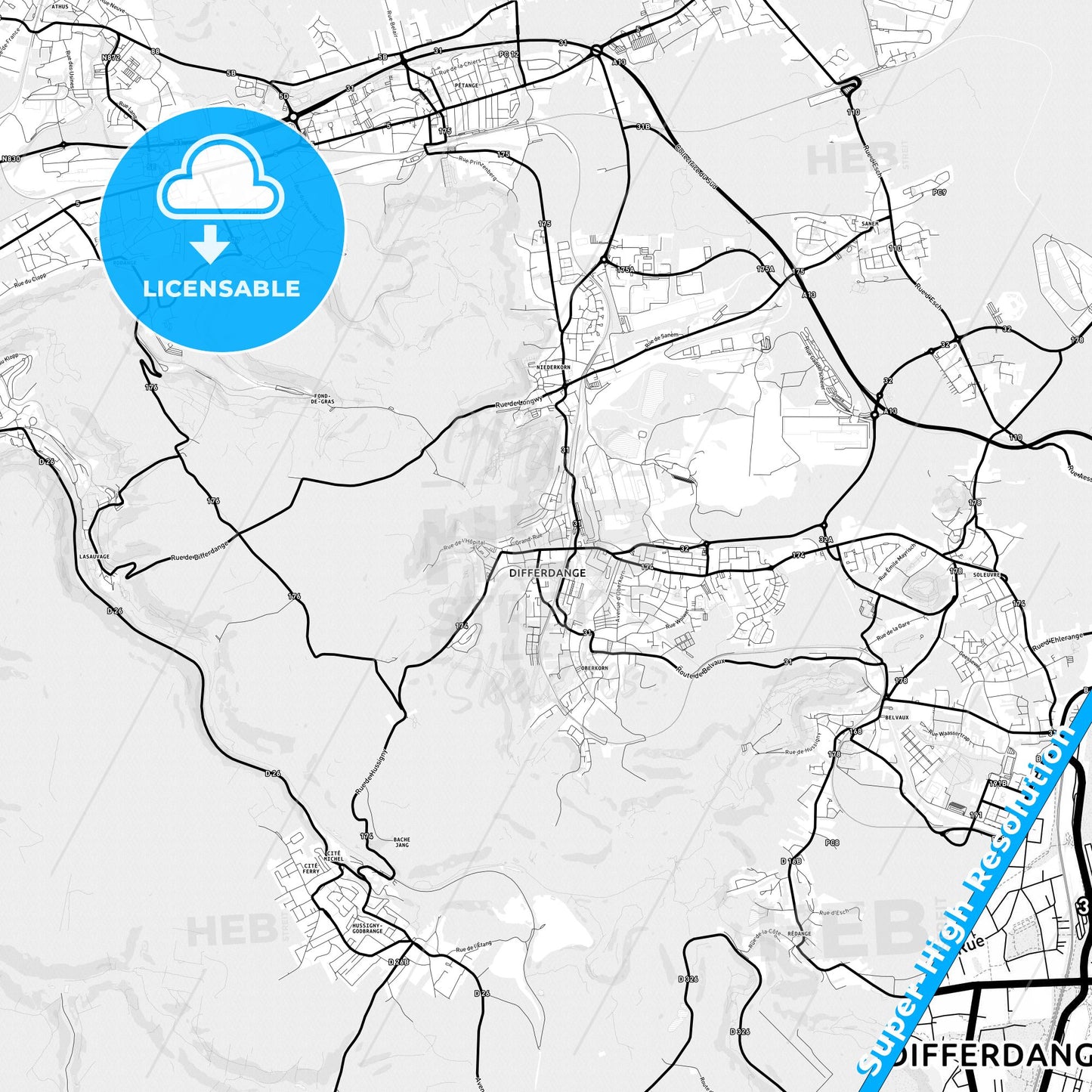 Differdange, Luxembourg Light Map with Street Names, City Names, and Districts
