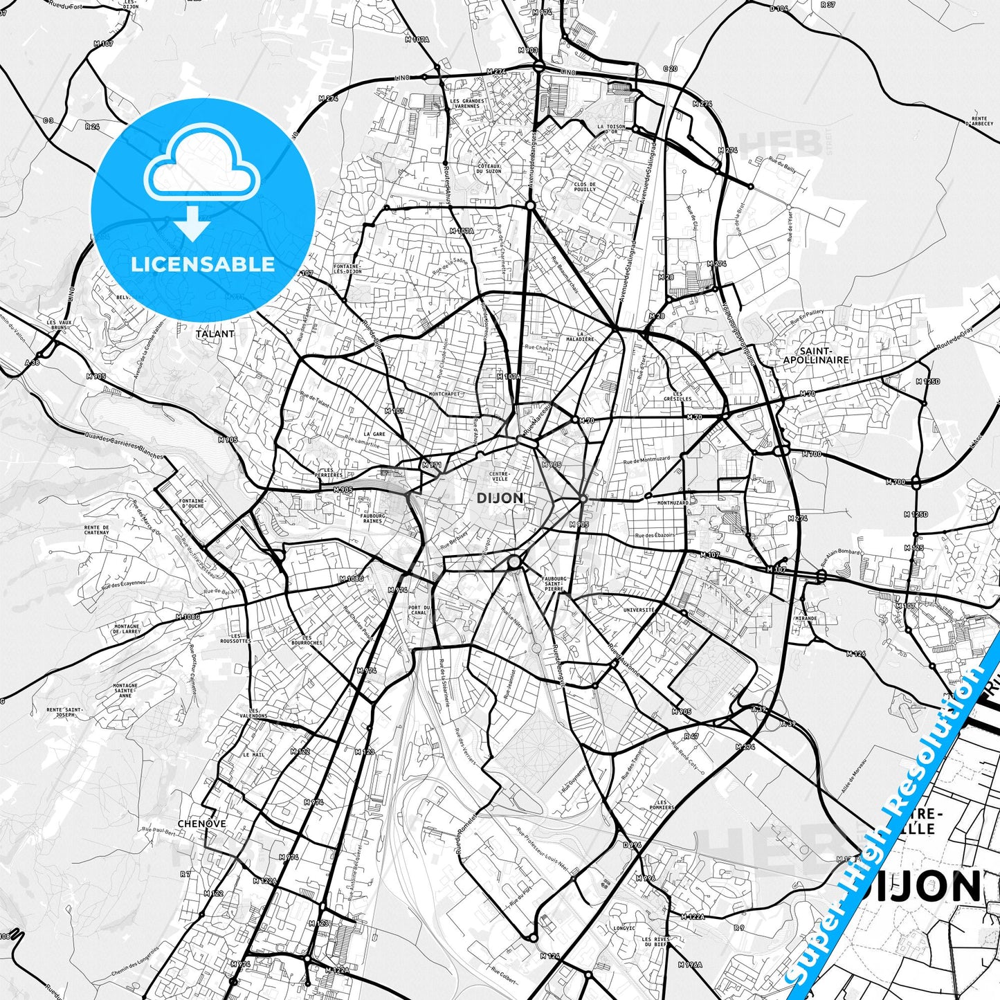 Dijon, France Light Map with Street Names, City Names, and Districts