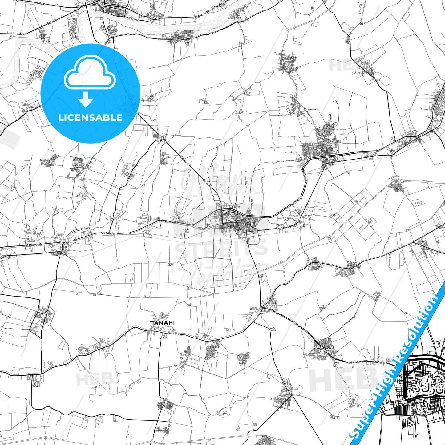 Dikirnis, Egypt light map with streetnames, citynames and districts