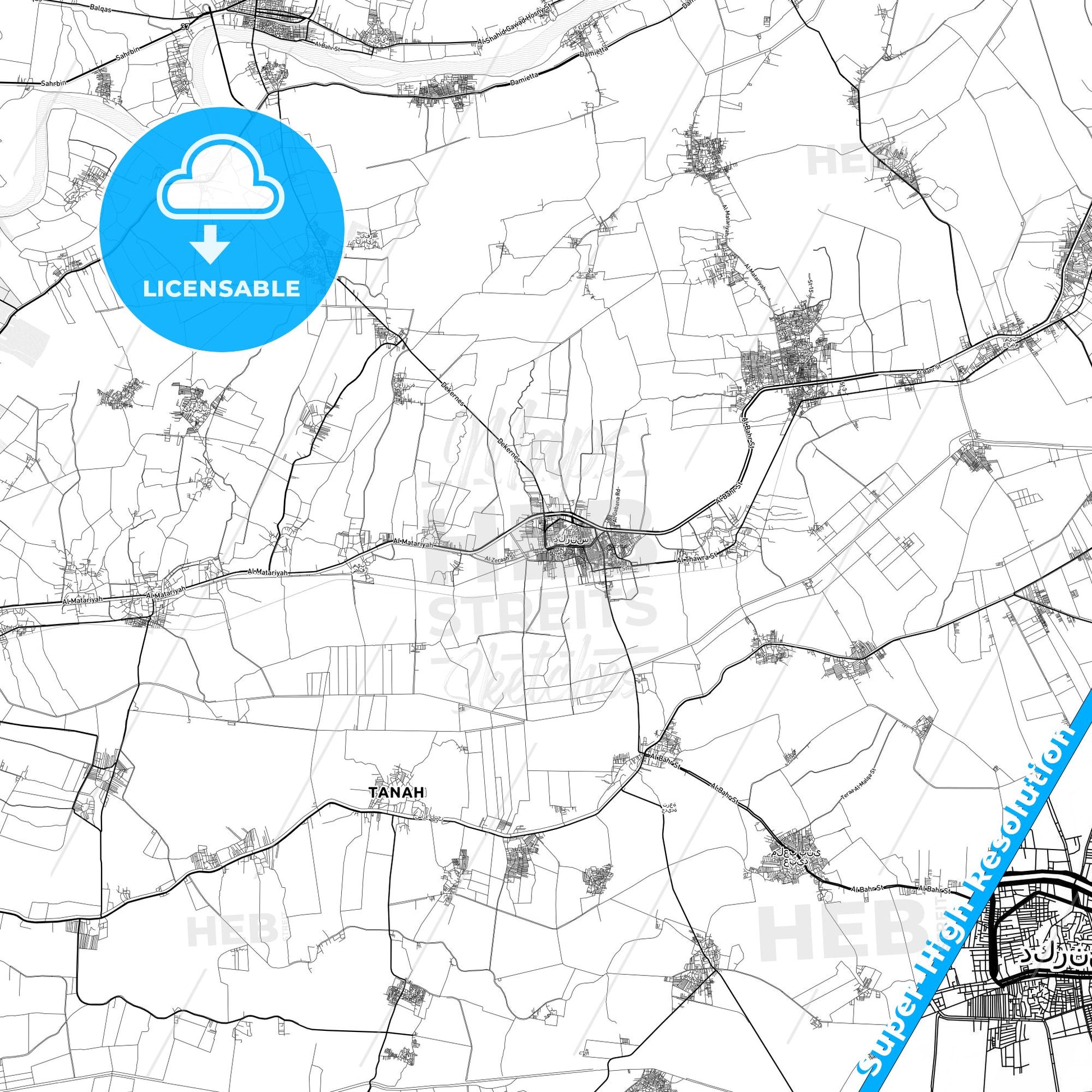Dikirnis, Egypt light map with streetnames, citynames and districts