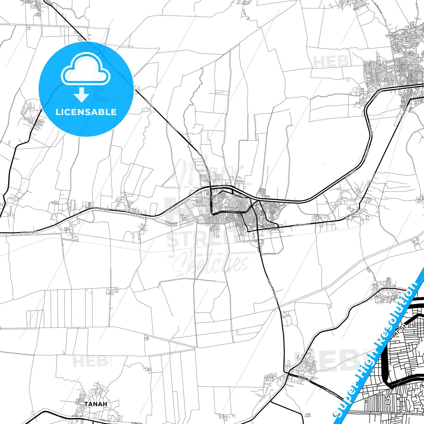 Dikirnis, Egypt Light Map with Street Names, City Names, and Districts