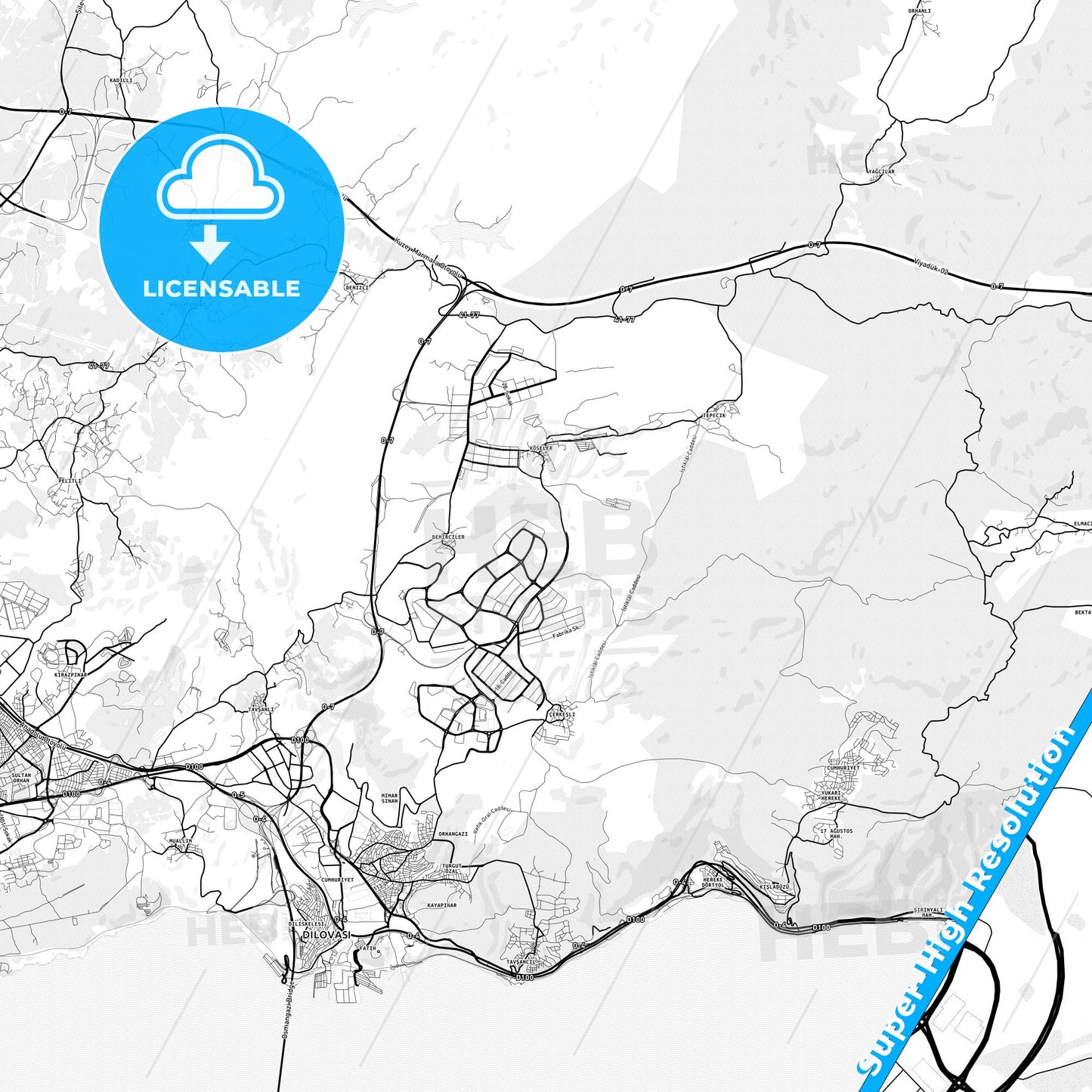 Dilovası, Turkey light map with streetnames, citynames and districts