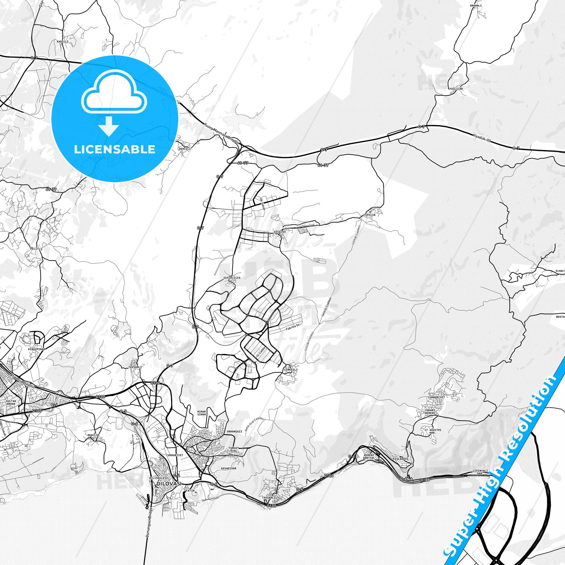 Dilovası, Turkey light map with streetnames, citynames and districts