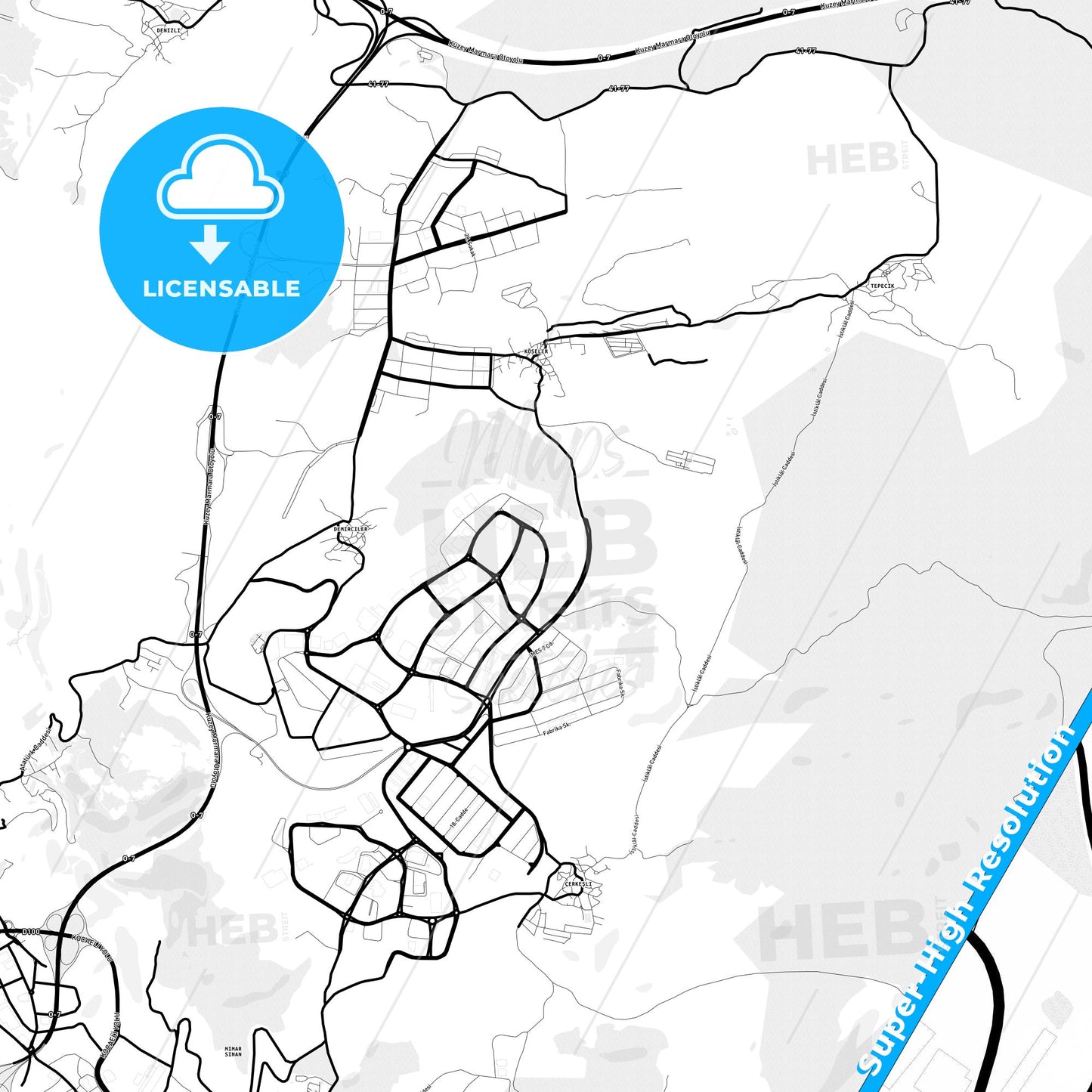 Dilovası, Turkey Light Map with Street Names, City Names, and Districts
