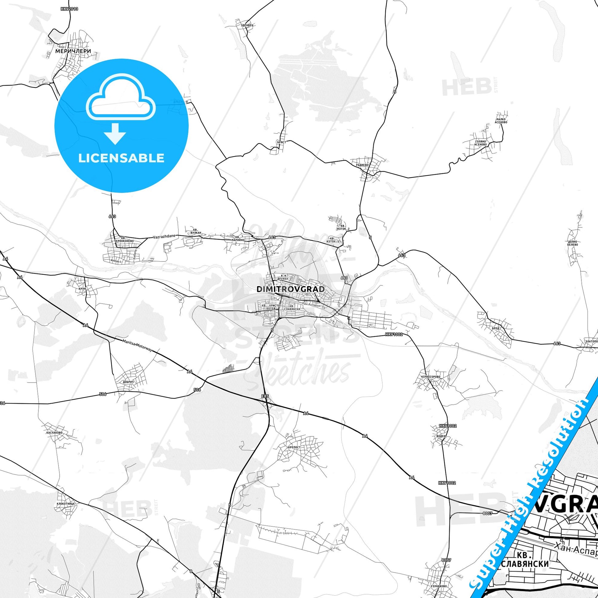 Dimitrovgrad, Bulgaria light map with streetnames, citynames and districts