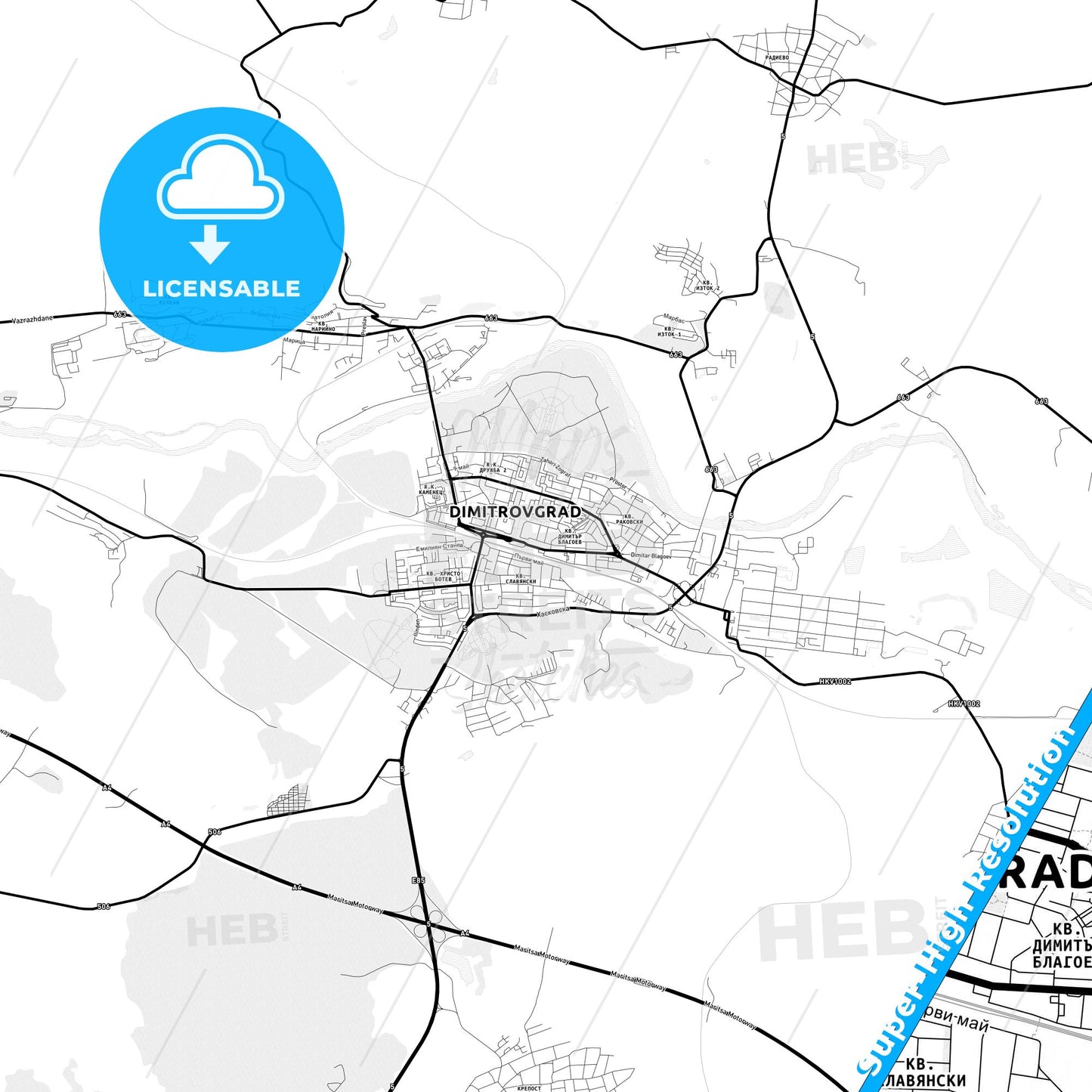 Dimitrovgrad, Bulgaria Light Map with Street Names, City Names, and Districts