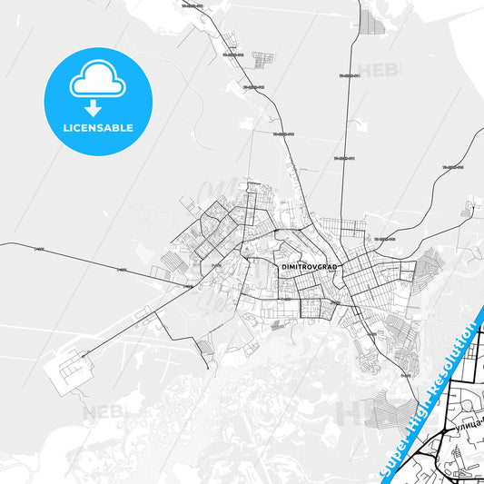 Dimitrovgrad, Russia light map with streetnames, citynames and districts