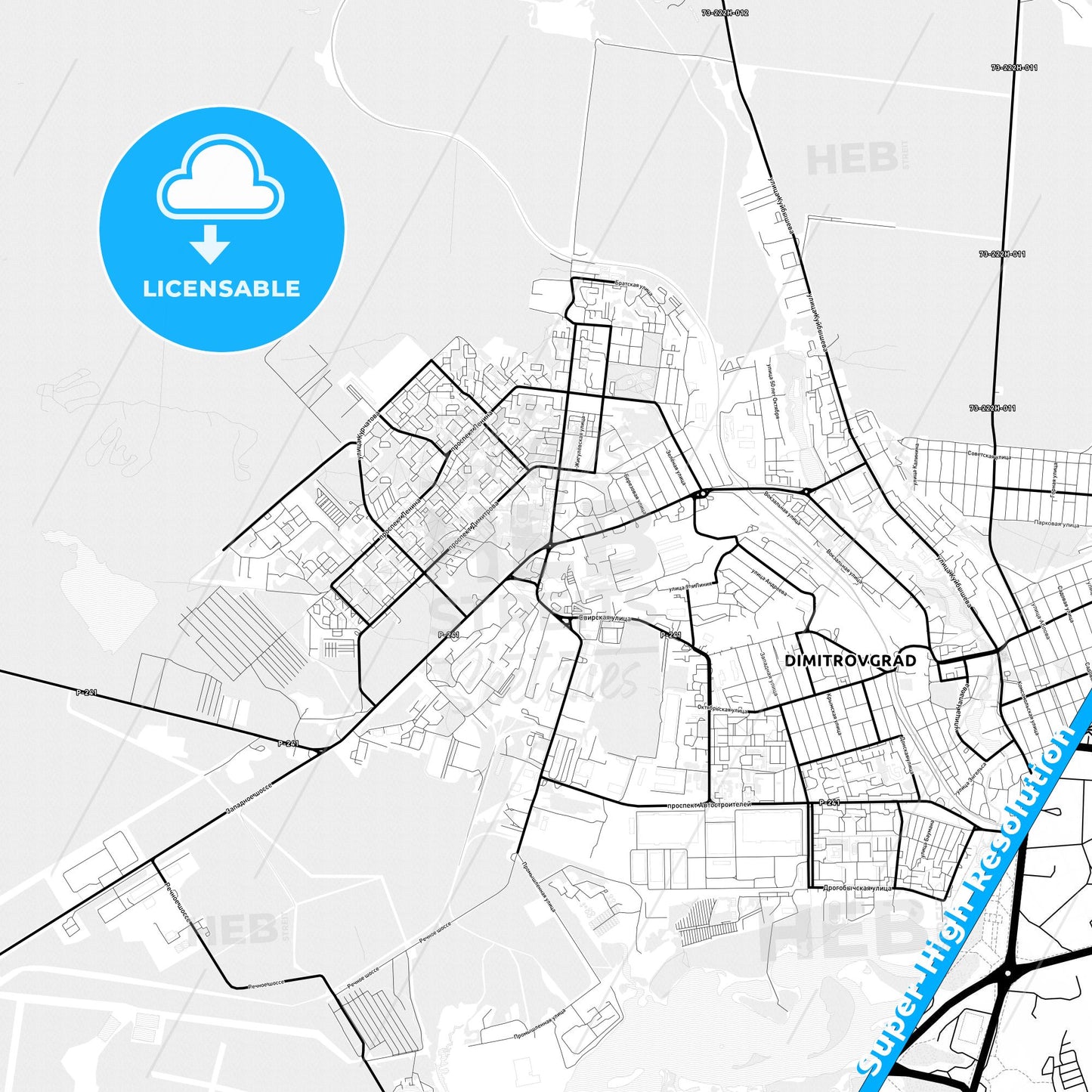 Dimitrovgrad, Russia Light Map with Street Names, City Names, and Districts