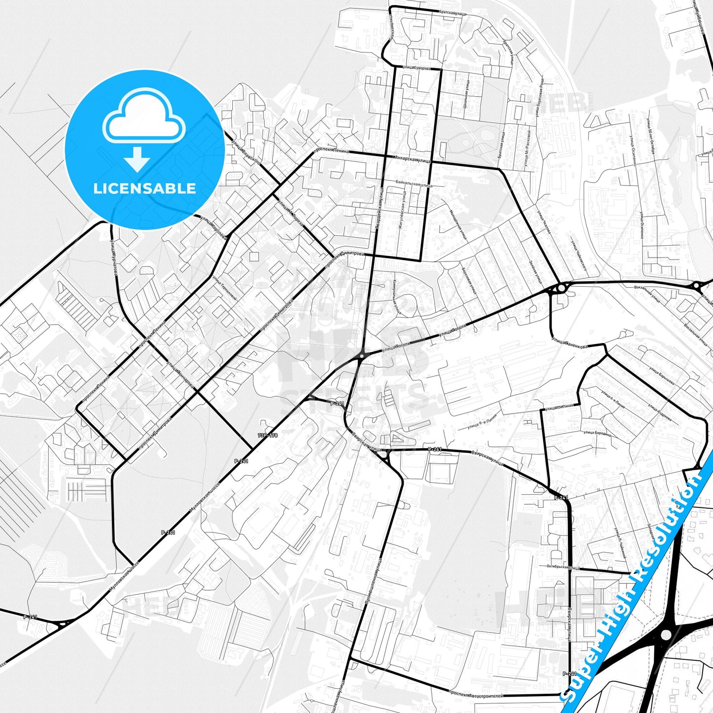 Dimitrovgrad, Russia Light Map with Street Names, City Names, and Districts
