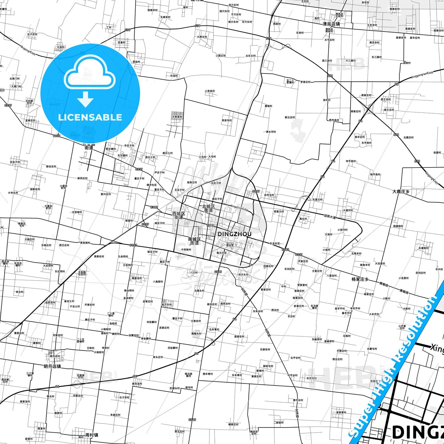 Dingzhou, China light map with streetnames, citynames and districts
