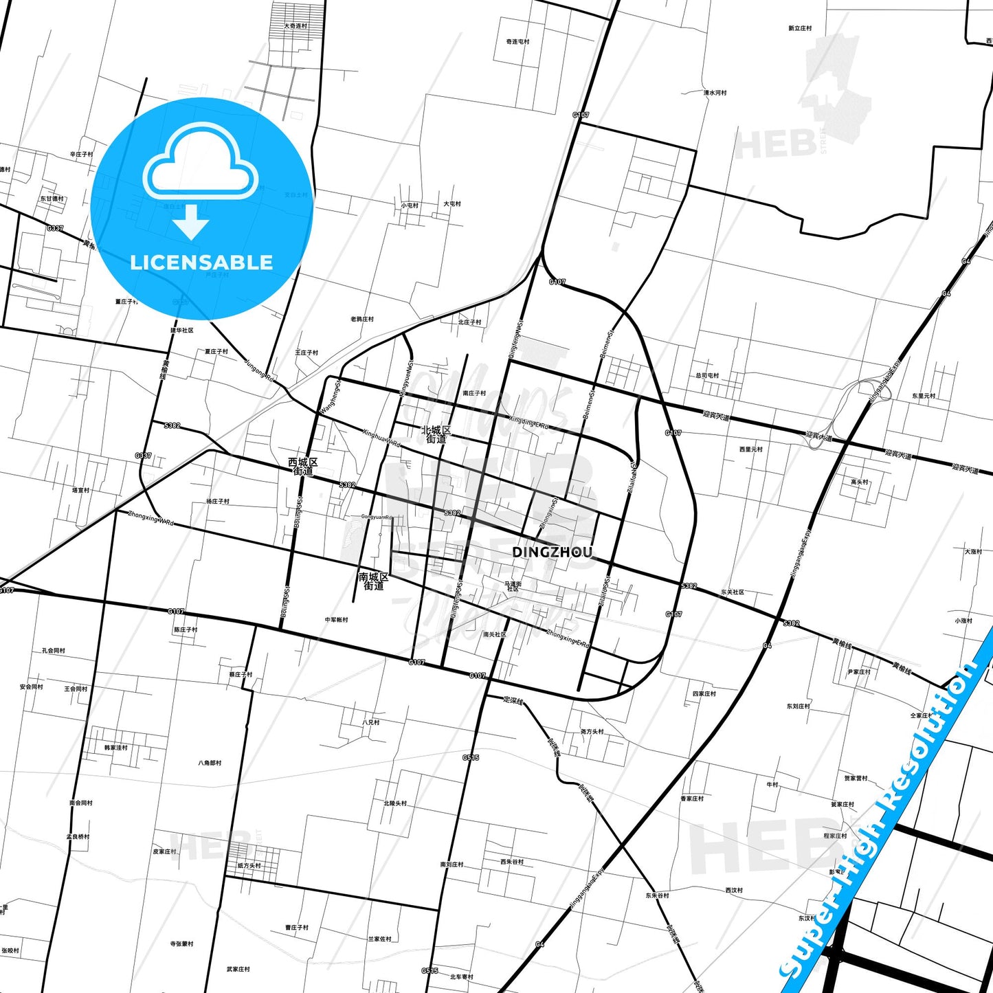 Dingzhou, China Light Map with Street Names, City Names, and Districts