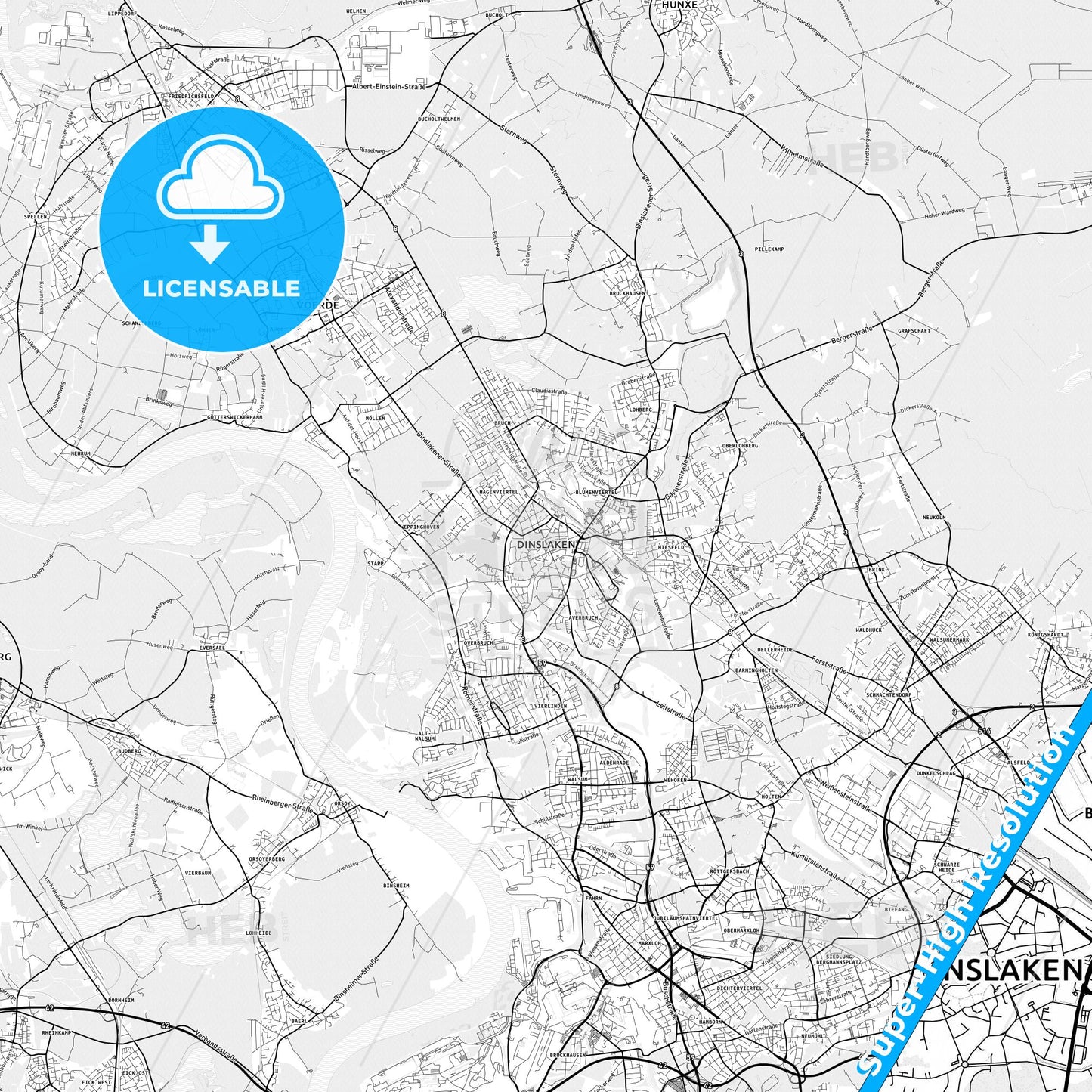 Dinslaken, Germany light map with streetnames, citynames and districts