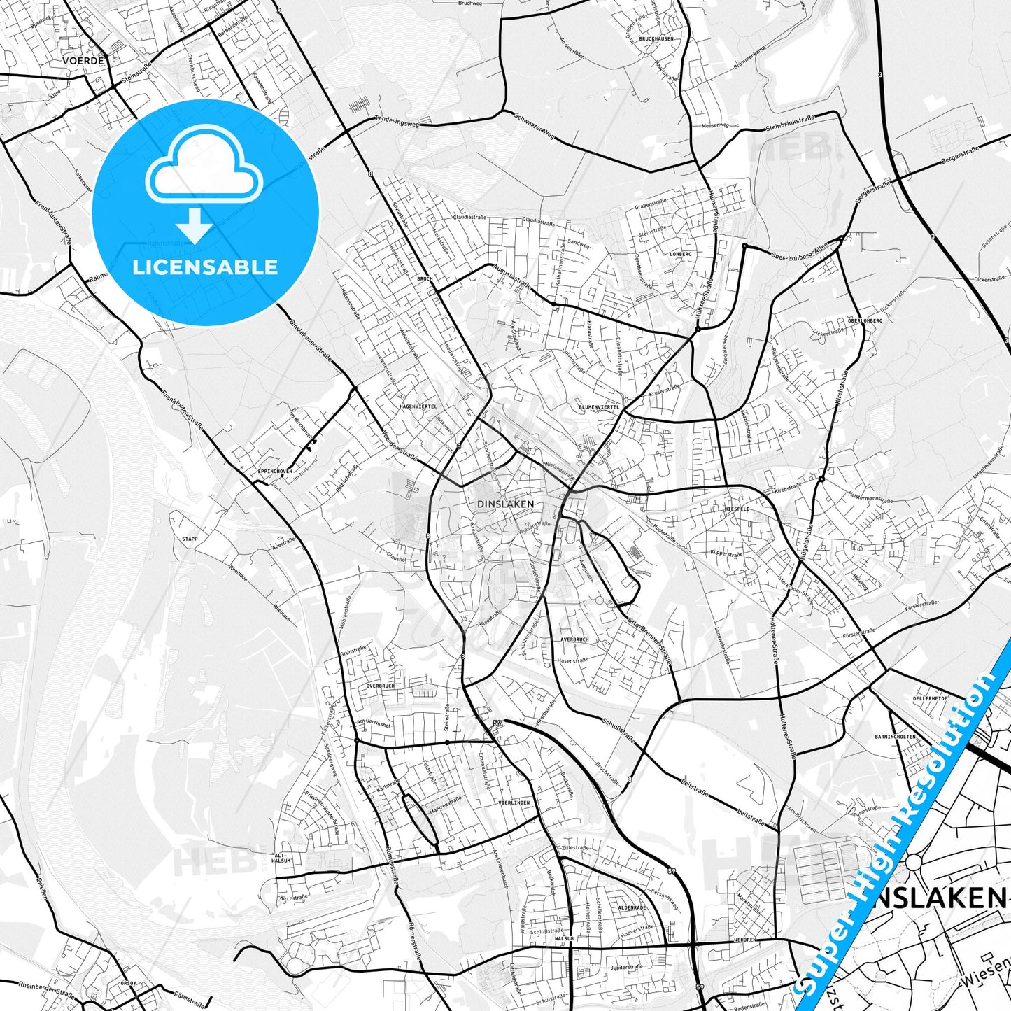Dinslaken, Germany Light Map with Street Names, City Names, and Districts