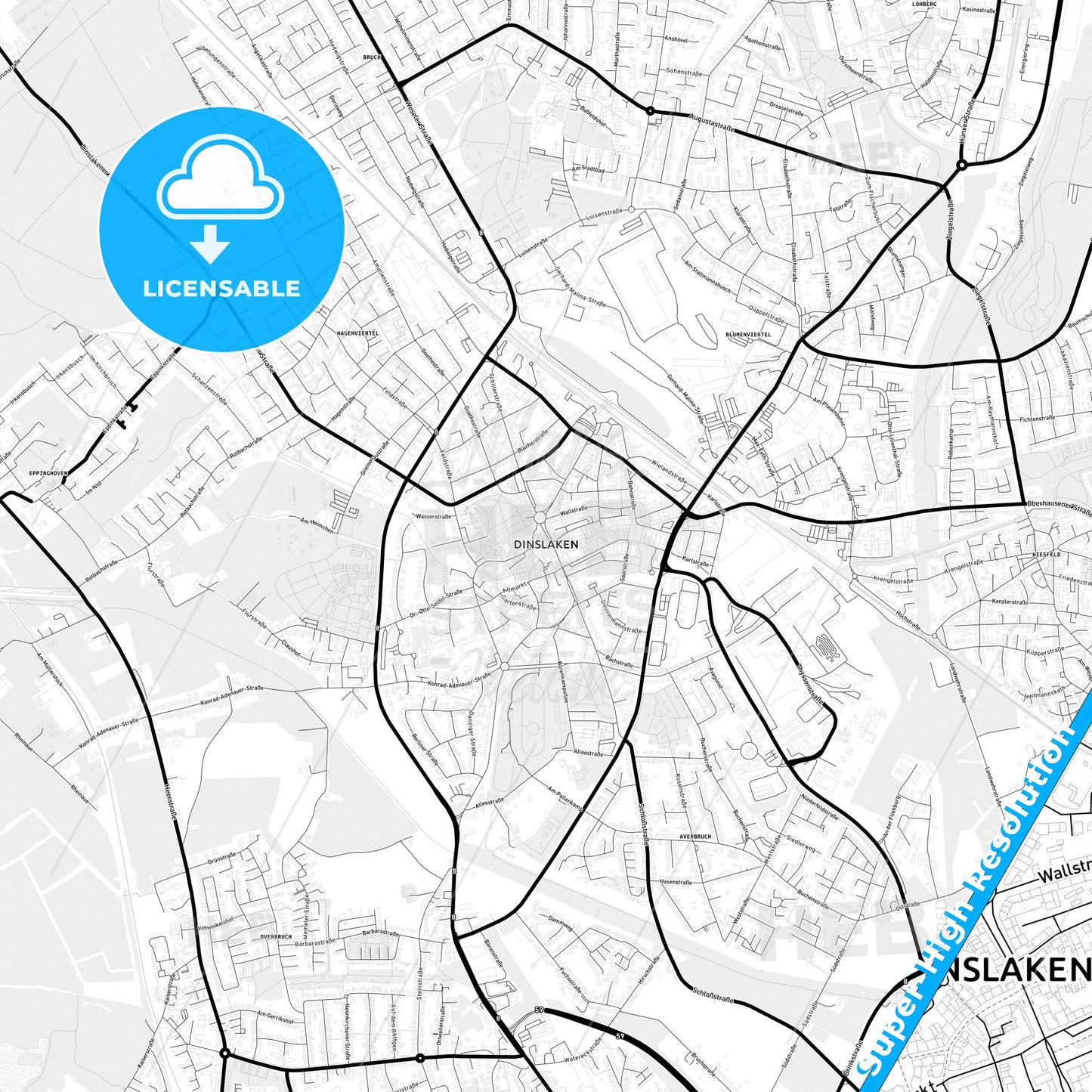 Dinslaken, Germany Light Map with Street Names, City Names, and Districts