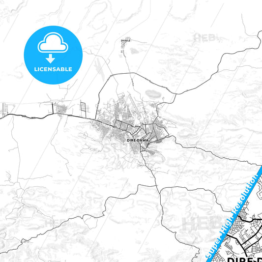 Dire Dawa, Ethiopia light map with streetnames, citynames and districts