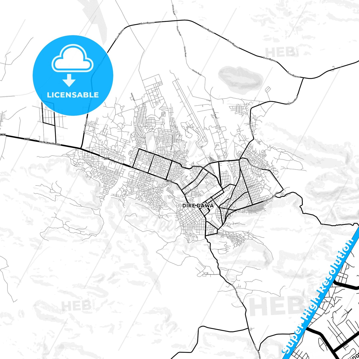Dire Dawa, Ethiopia Light Map with Street Names, City Names, and Districts