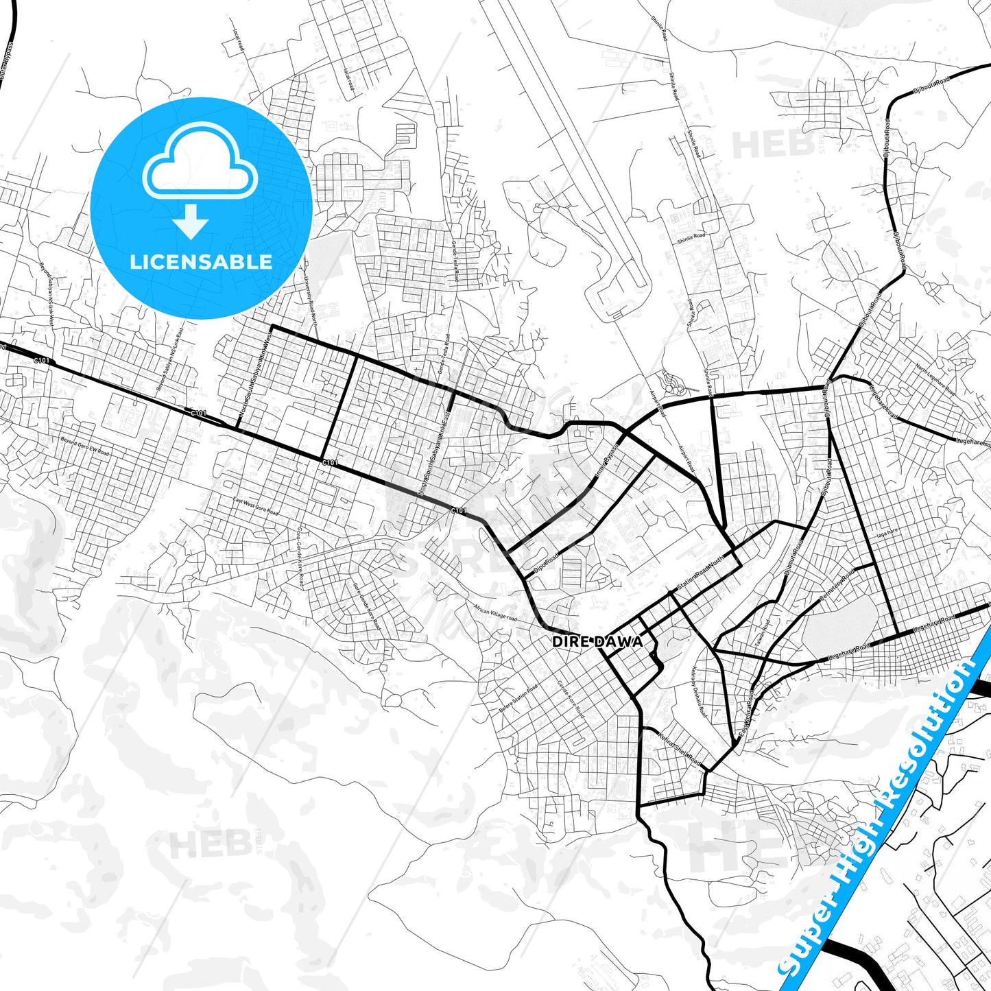 Dire Dawa, Ethiopia Light Map with Street Names, City Names, and Districts