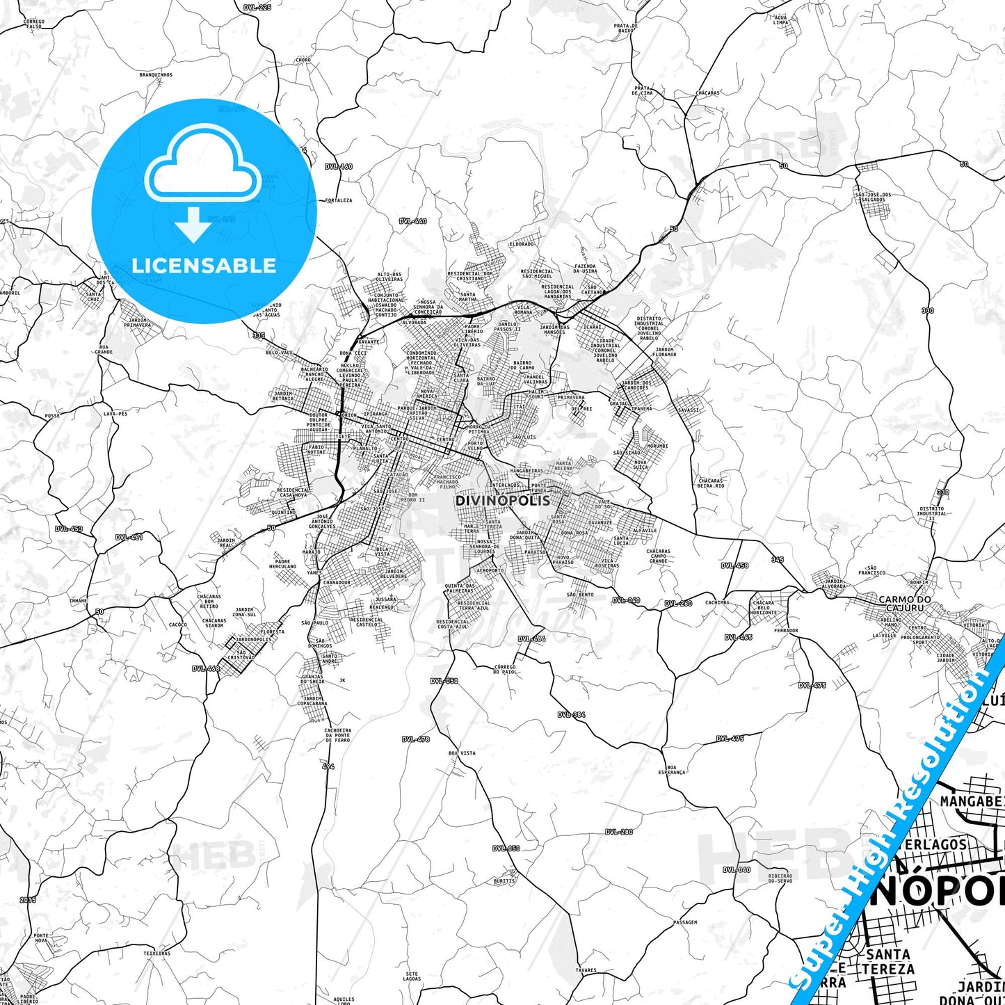 Divinopolis, Brazil light map with streetnames, citynames and districts