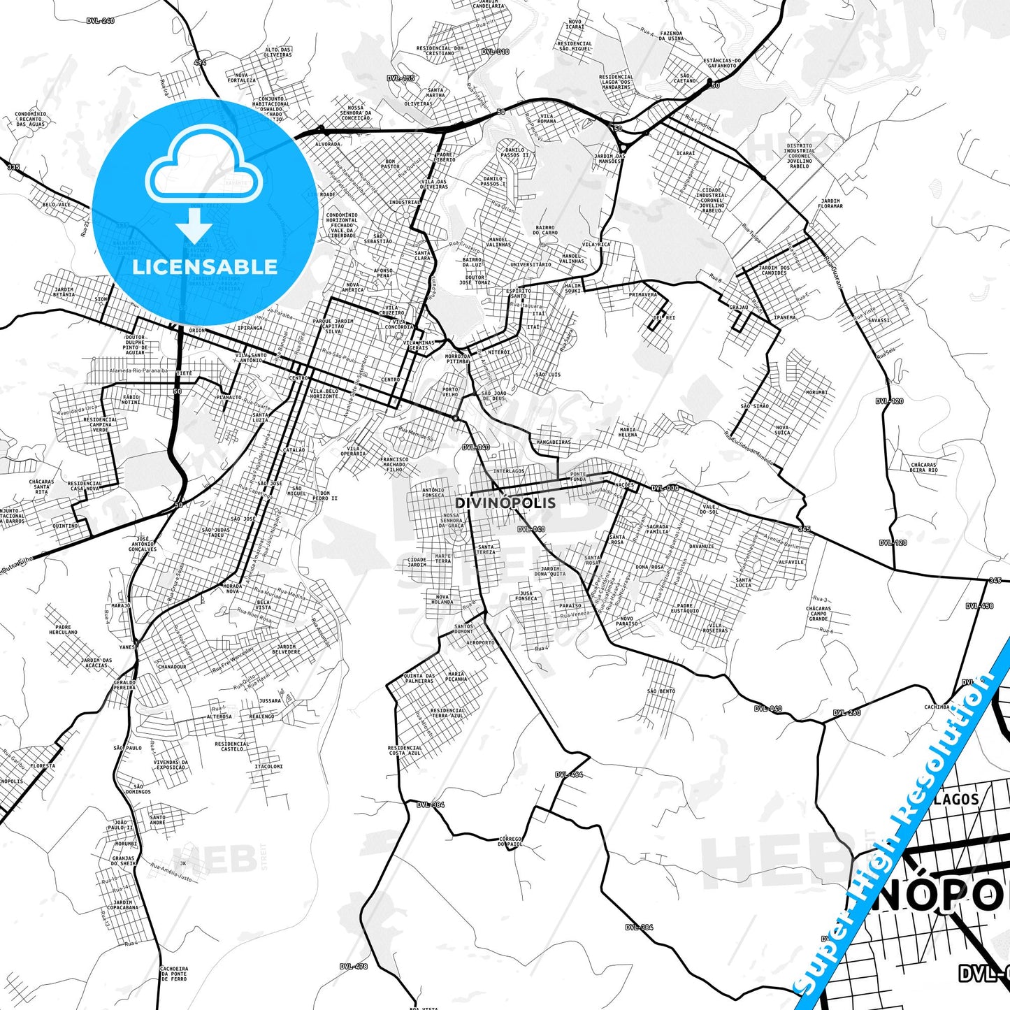 Divinopolis, Brazil Light Map with Street Names, City Names, and Districts